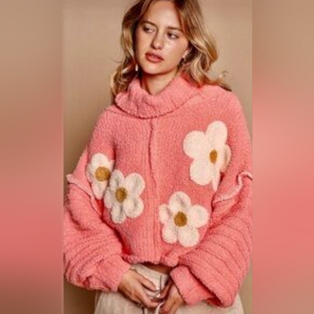POL Berber Knit Sweater with Flower Print in Coral